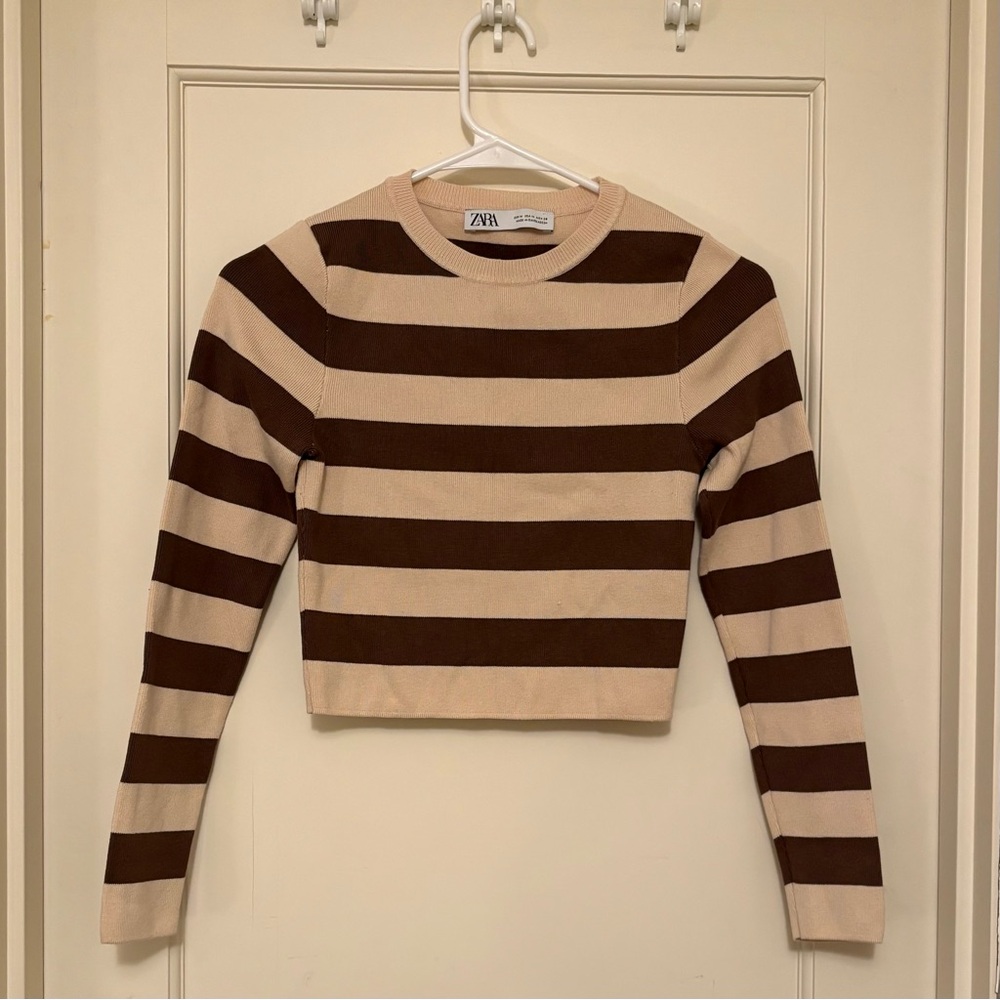ZARA Brown and Beige Striped Cropped Knit Top